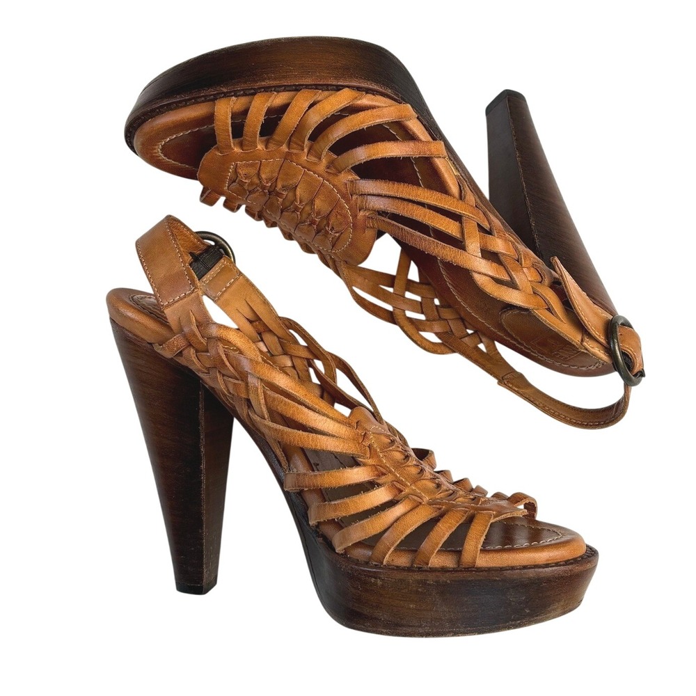 Frye Platform Sandals Tan Leather Womens 8.5 B Woven Huarache Wood Heel 73396